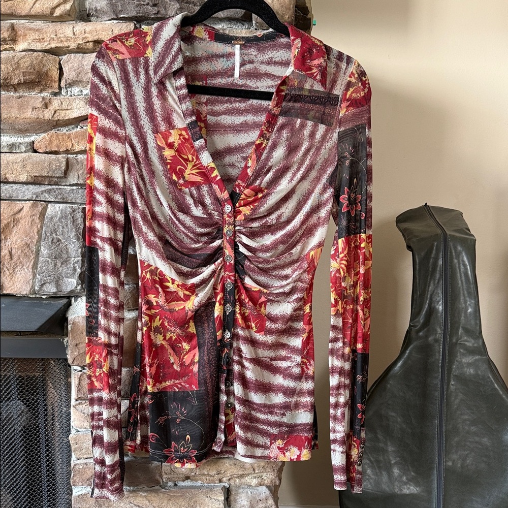 Free People Red and Cream Floral Ruched Blouse